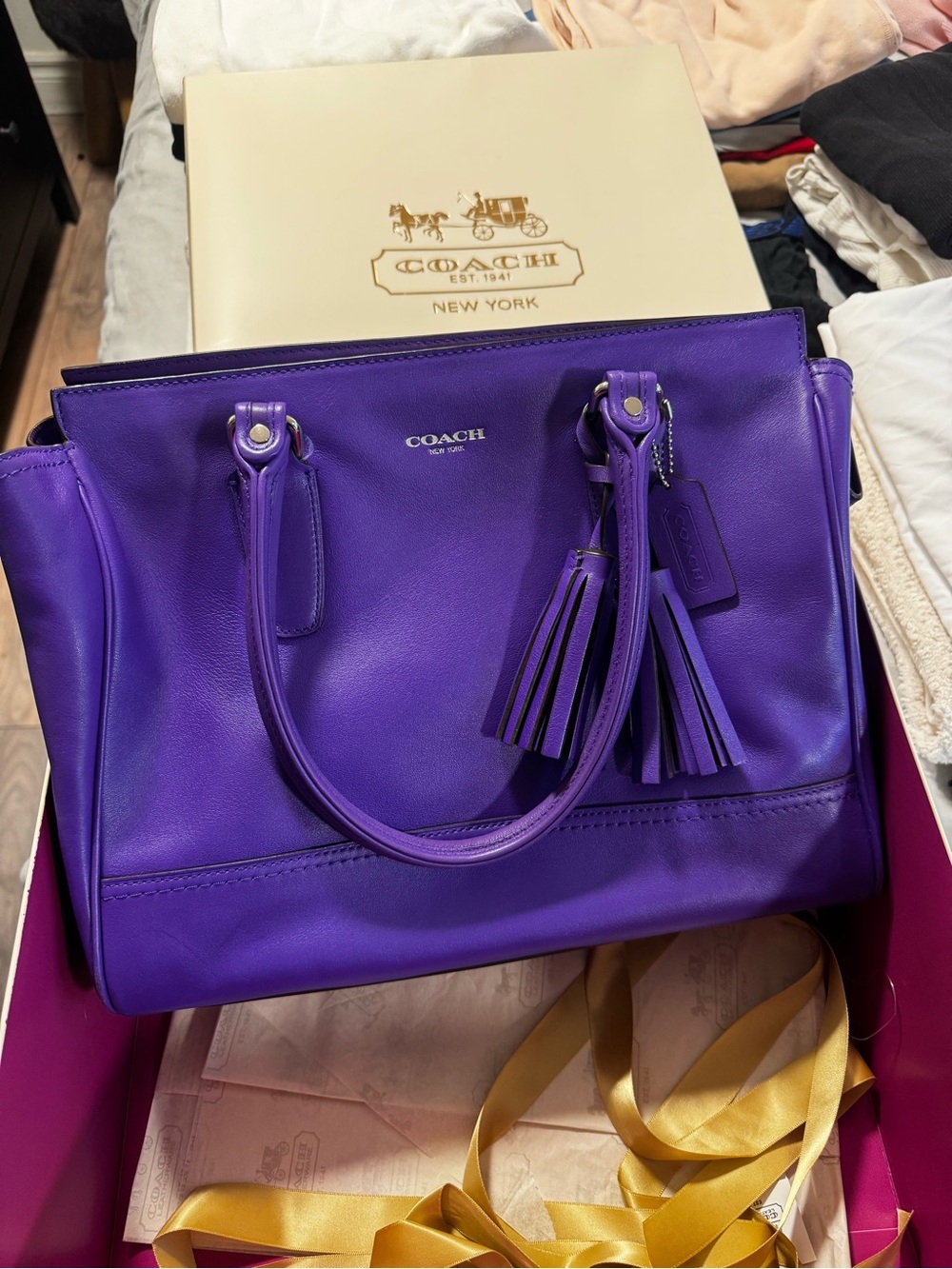 COACH Purple Leather Tote Bag with Tassel